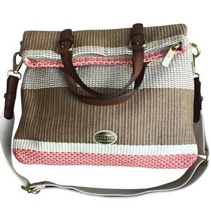 Fossil Explorer Foldover Straw and Leather Messenger Crossbody Tote Bag
